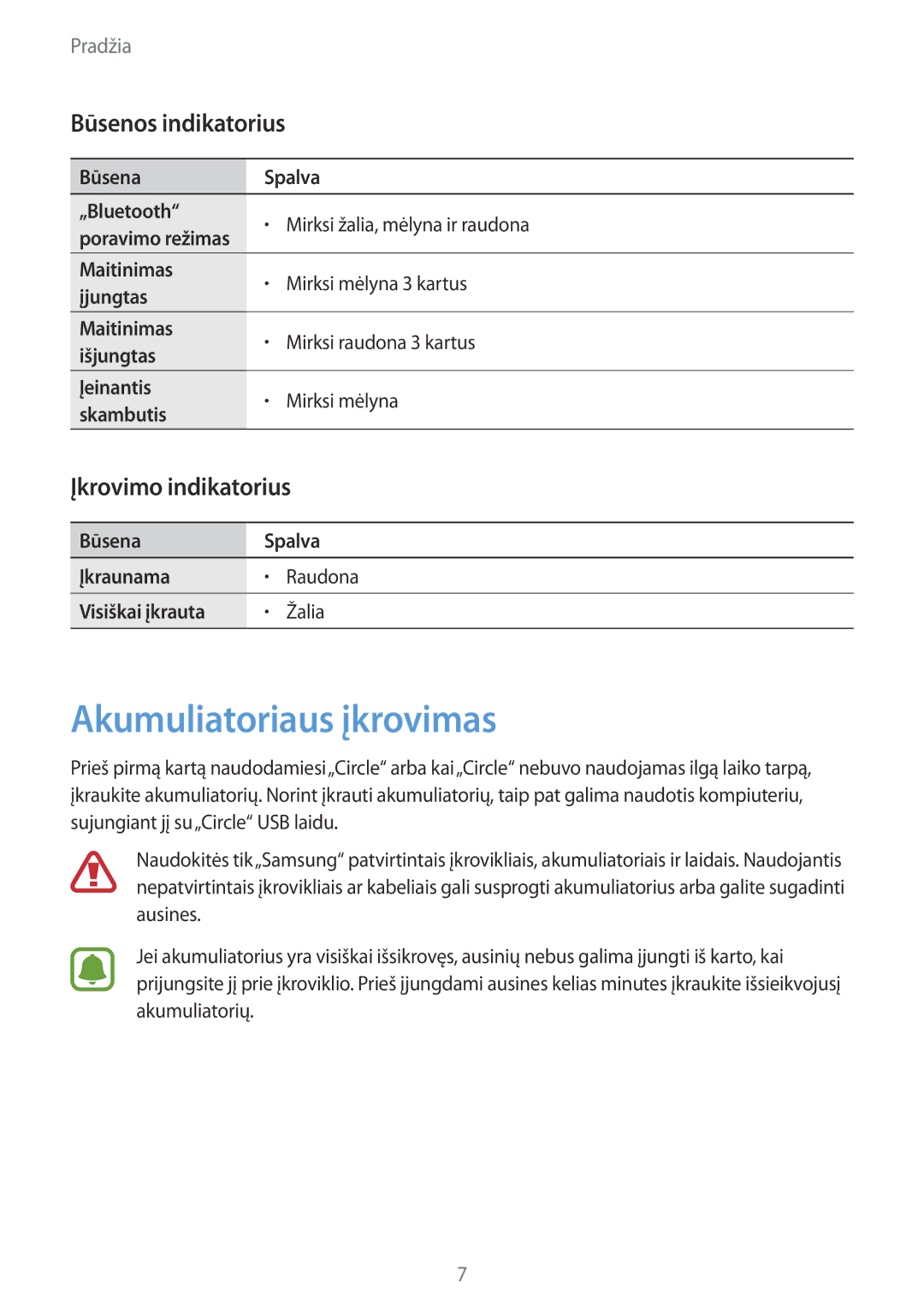 Samsung SM-R130NZBASEB, SM-R130NZWASEB manual Akumuliatoriaus įkrovimas, Būsenos indikatorius, Įkrovimo indikatorius 