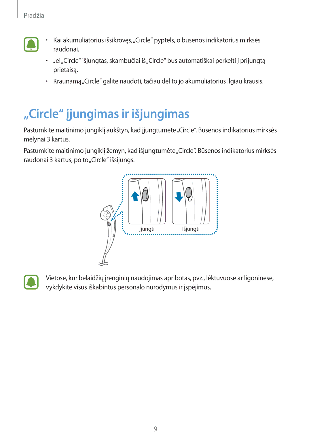 Samsung SM-R130NZWASEB, SM-R130NZBASEB, SM-R130NZKASEB manual „Circle įjungimas ir išjungimas 