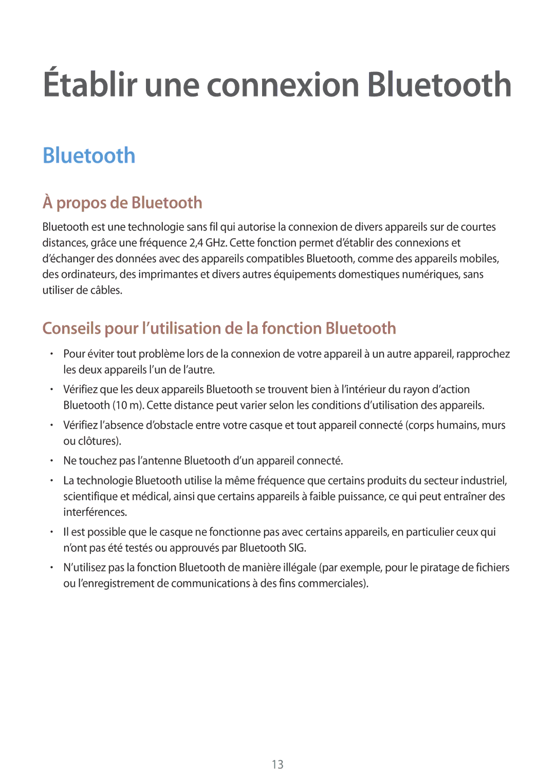 Samsung SM-R130NZKAXEF, SM-R130NZWAXEF, SM-R130NZBAXEF manual Établir une connexion Bluetooth 