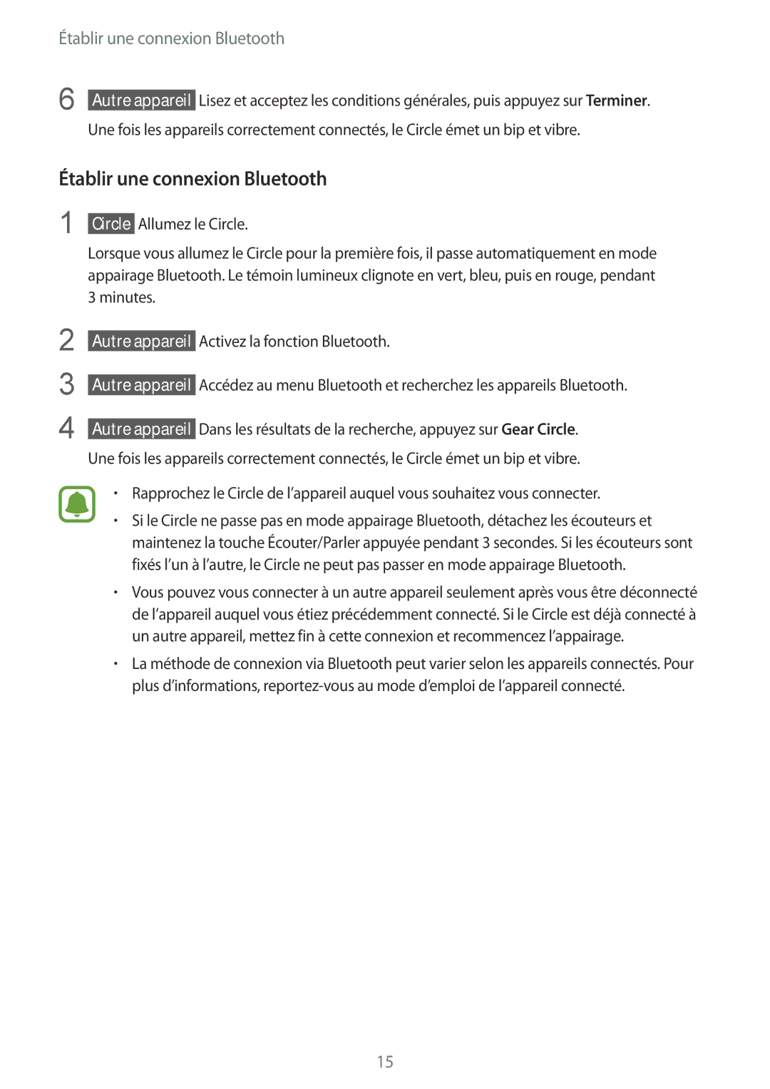 Samsung SM-R130NZWAXEF, SM-R130NZKAXEF, SM-R130NZBAXEF manual Établir une connexion Bluetooth 