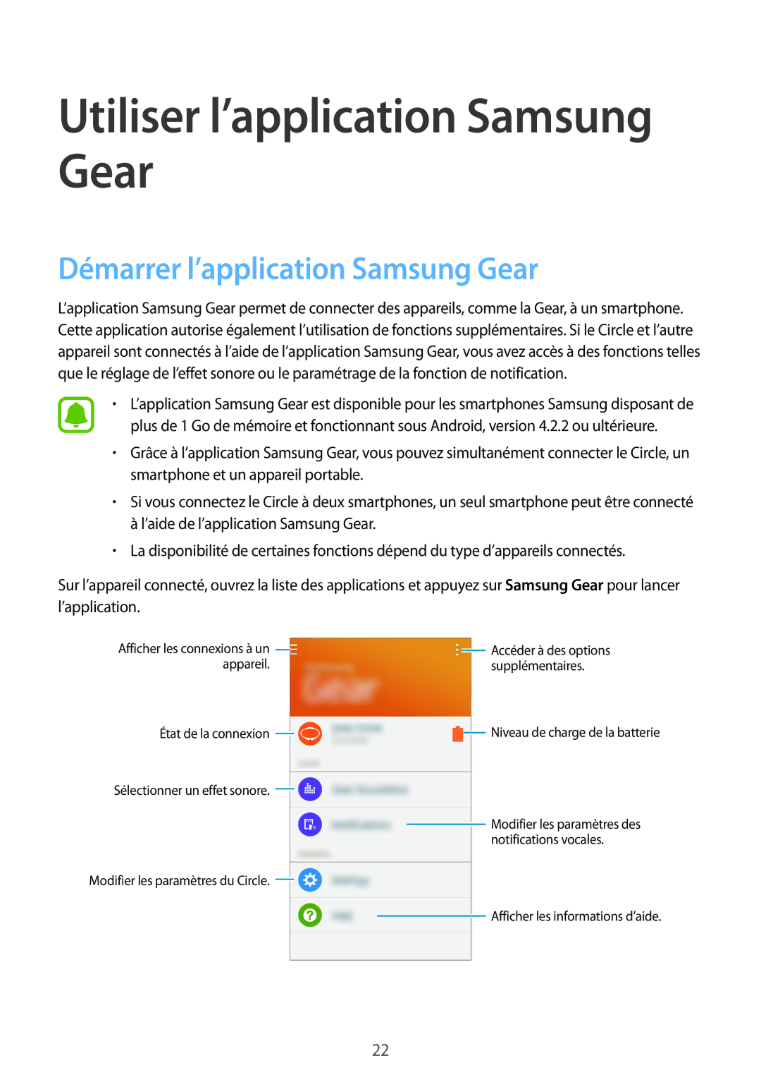 Samsung SM-R130NZKAXEF, SM-R130NZWAXEF manual Utiliser l’application Samsung Gear, Démarrer l’application Samsung Gear 