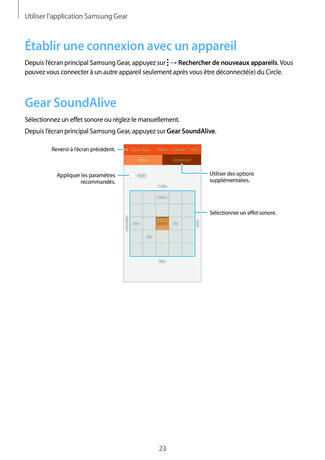 Samsung SM-R130NZBAXEF, SM-R130NZWAXEF, SM-R130NZKAXEF manual Établir une connexion avec un appareil, Gear SoundAlive 