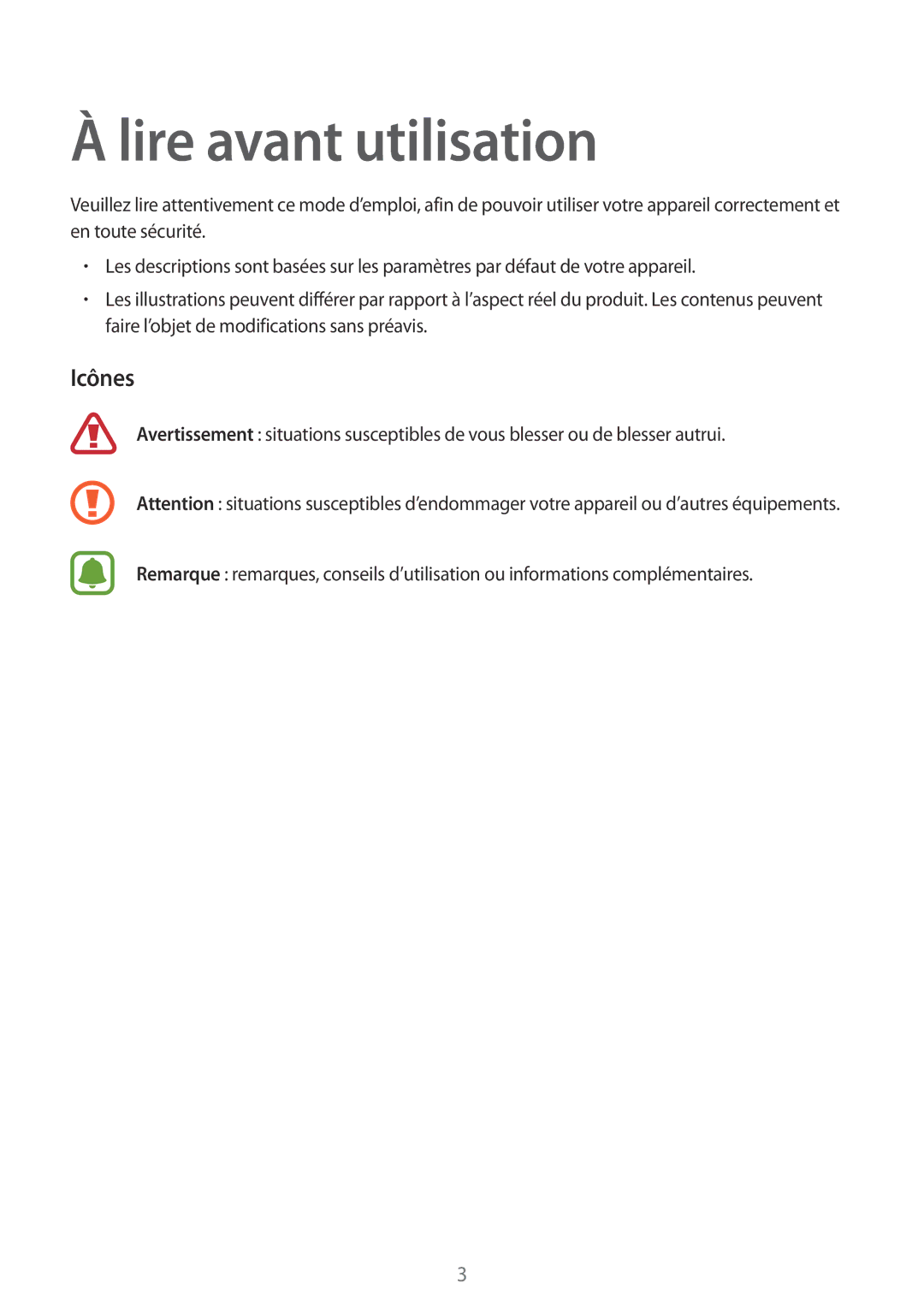 Samsung SM-R130NZWAXEF, SM-R130NZKAXEF, SM-R130NZBAXEF manual Lire avant utilisation, Icônes 