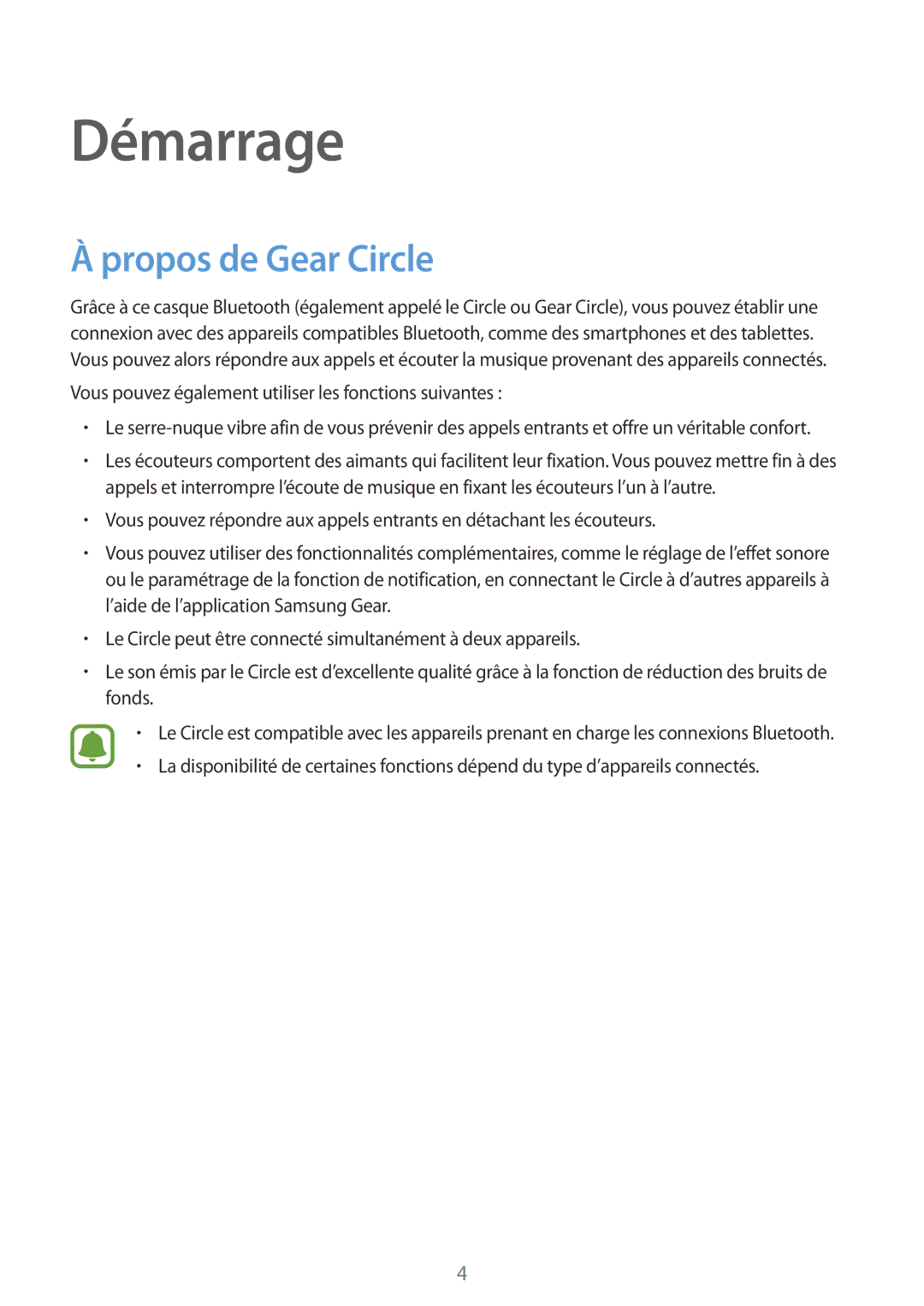 Samsung SM-R130NZKAXEF, SM-R130NZWAXEF, SM-R130NZBAXEF manual Démarrage, Propos de Gear Circle 