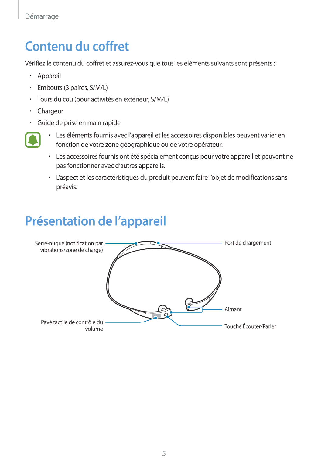 Samsung SM-R130NZBAXEF, SM-R130NZWAXEF, SM-R130NZKAXEF manual Contenu du coffret, Présentation de l’appareil 