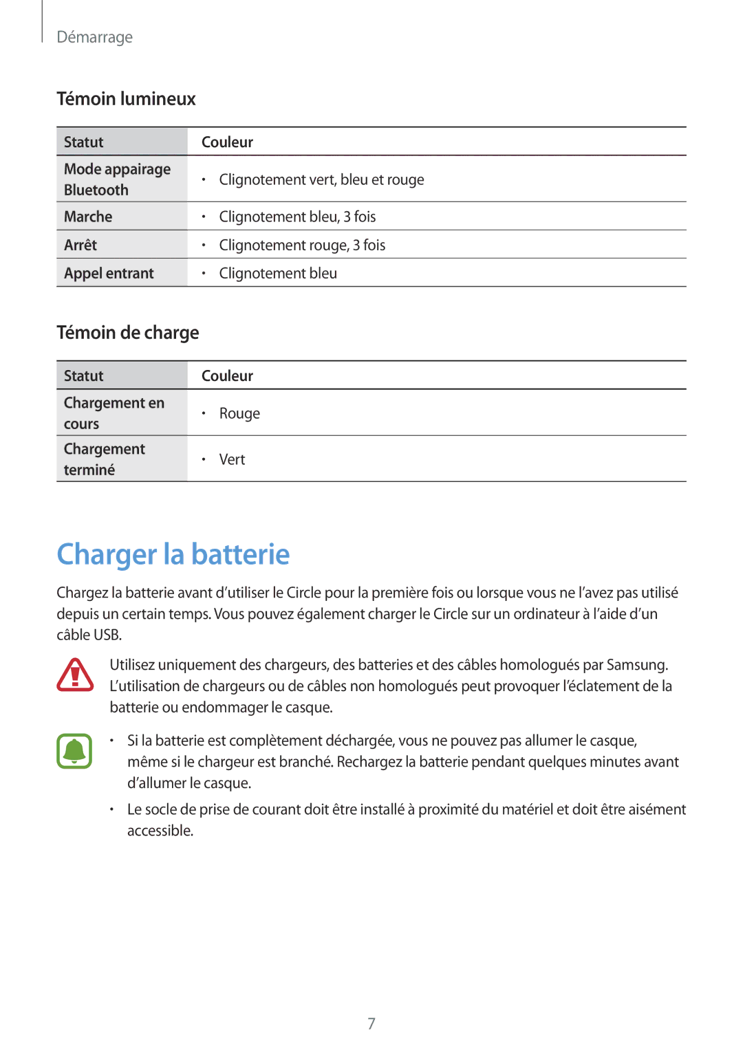 Samsung SM-R130NZKAXEF, SM-R130NZWAXEF, SM-R130NZBAXEF manual Charger la batterie, Témoin lumineux, Témoin de charge 