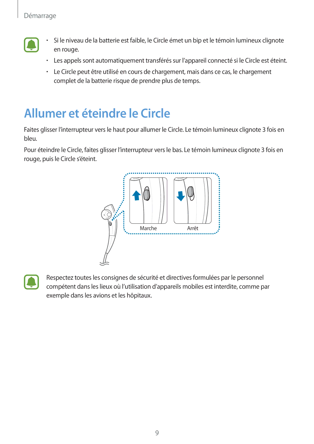 Samsung SM-R130NZWAXEF, SM-R130NZKAXEF, SM-R130NZBAXEF manual Allumer et éteindre le Circle 