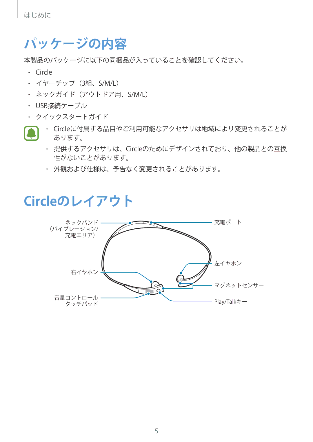 Samsung SM-R130NZBAXJP, SM-R130NZWAXJP, SM-R130NZWAKDI manual パッケージの内容, Circleのレイアウト 