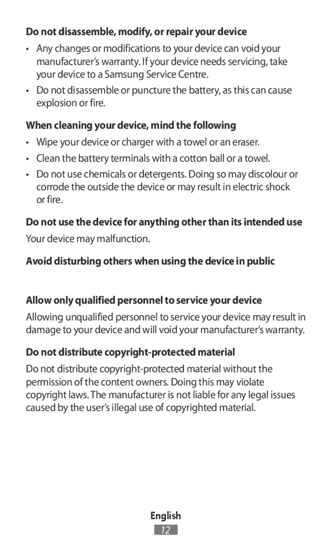 Samsung SM-R140NZAAXEZ Do not disassemble, modify, or repair your device, When cleaning your device, mind the following 