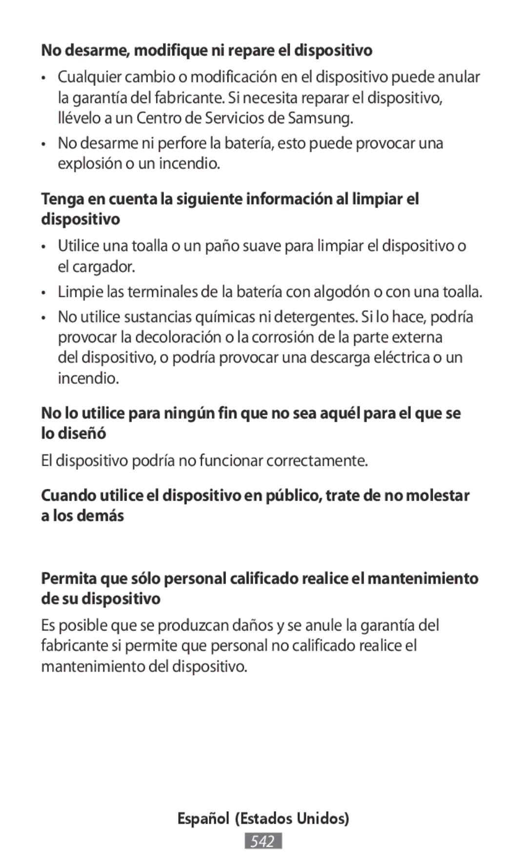 Samsung SM-R140NZAAXEF No desarme, modifique ni repare el dispositivo, El dispositivo podría no funcionar correctamente 