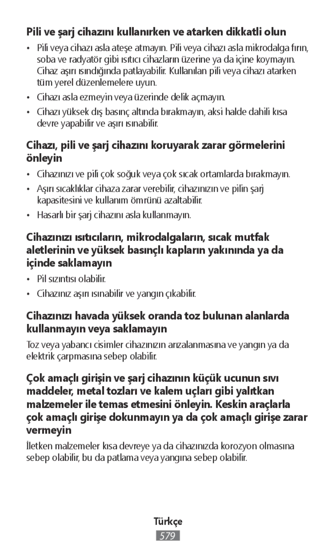 Samsung SM-R140NZKAPHE, SM-R140NZAADBT, SM-R140NZKADBT manual Pili ve şarj cihazını kullanırken ve atarken dikkatli olun 