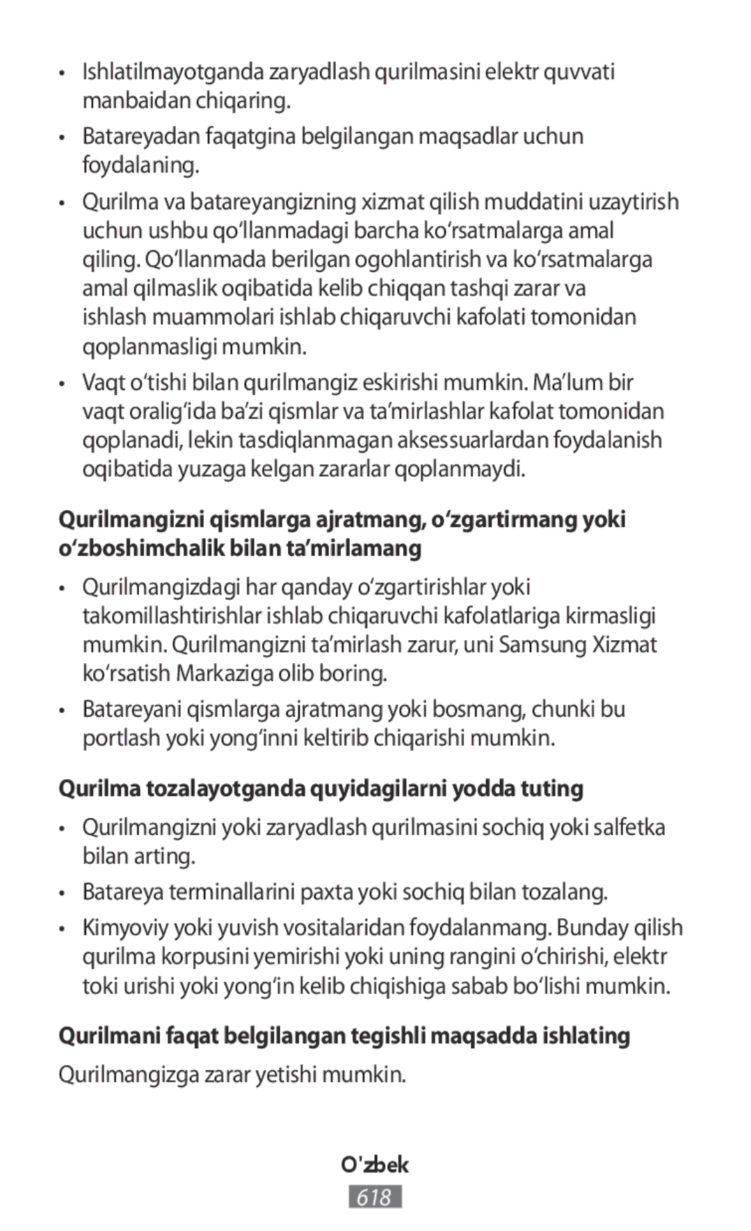 Samsung SM-R140NZAASEB manual Qurilma tozalayotganda quyidagilarni yodda tuting, Qurilmangizga zarar yetishi mumkin 