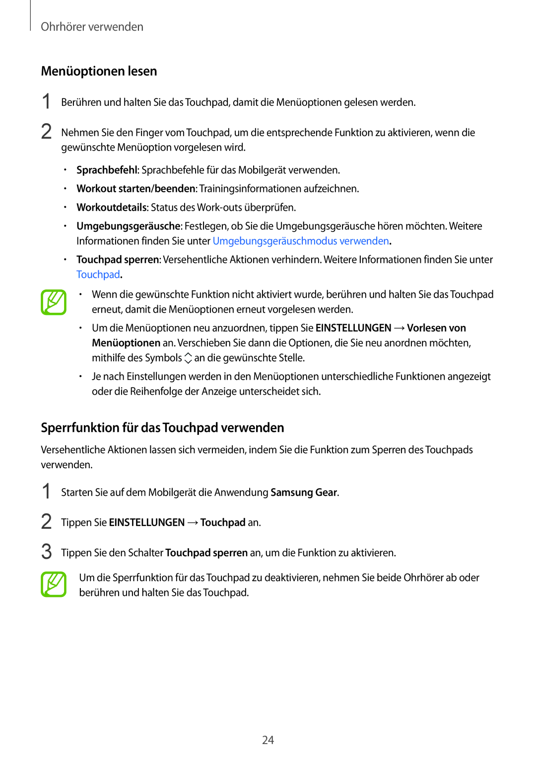 Samsung SM-R140NZAADBT, SM-R140NZKADBT, SM-R140NZIADBT manual Menüoptionen lesen, Sperrfunktion für das Touchpad verwenden 