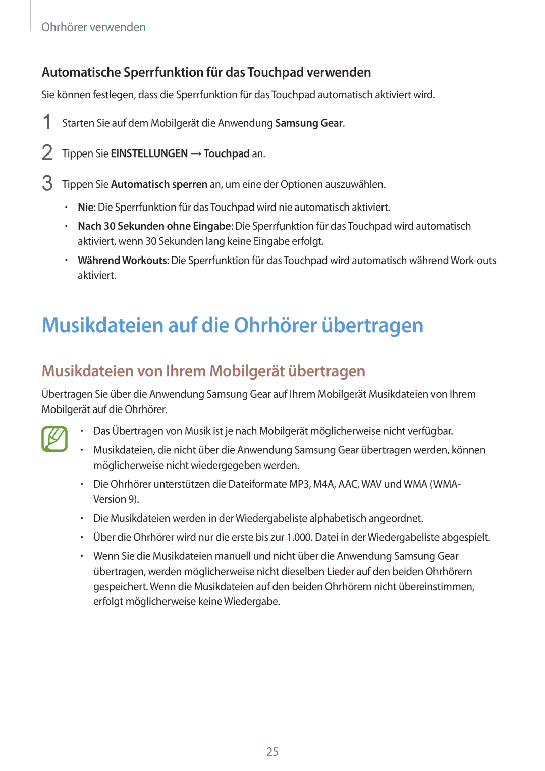 Samsung SM-R140NZKADBT manual Musikdateien auf die Ohrhörer übertragen, Musikdateien von Ihrem Mobilgerät übertragen 