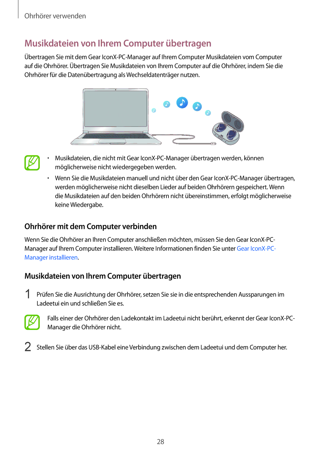 Samsung SM-R140NZKADBT, SM-R140NZAADBT Musikdateien von Ihrem Computer übertragen, Ohrhörer mit dem Computer verbinden 