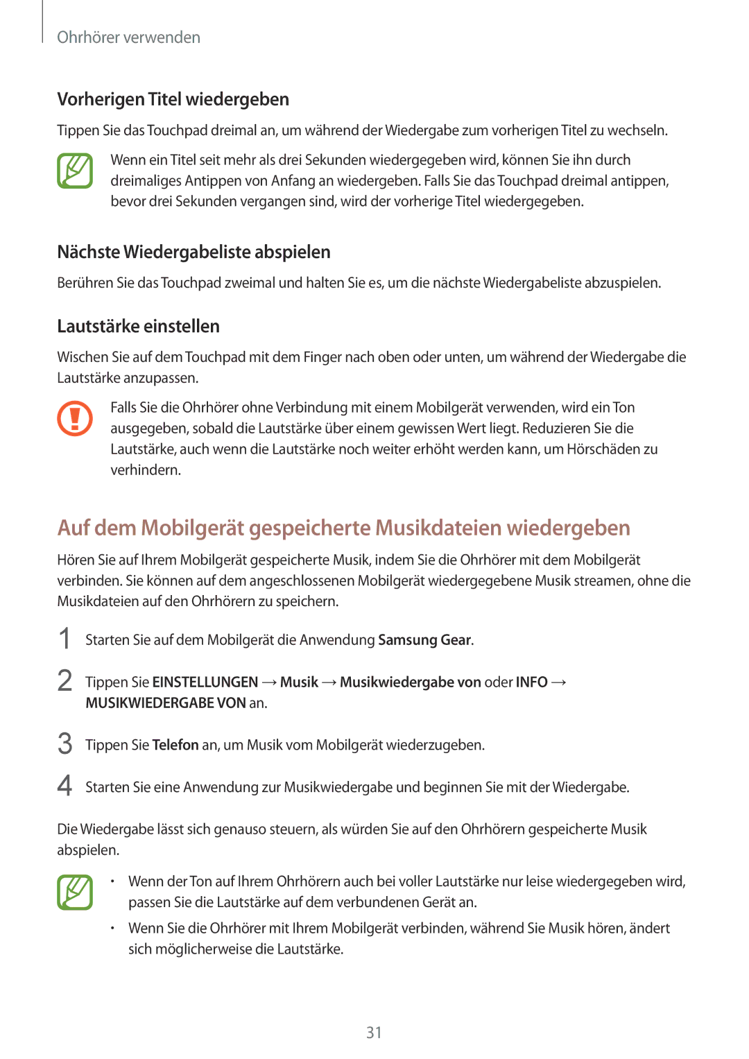 Samsung SM-R140NZKADBT manual Auf dem Mobilgerät gespeicherte Musikdateien wiedergeben, Vorherigen Titel wiedergeben 