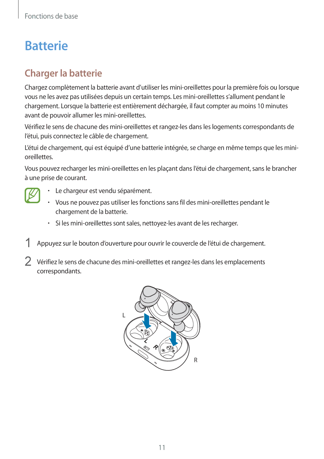 Samsung SM-R140NZKAXEF, SM-R140NZAAXEF, SM-R140NZIAXEF manual Batterie, Charger la batterie 