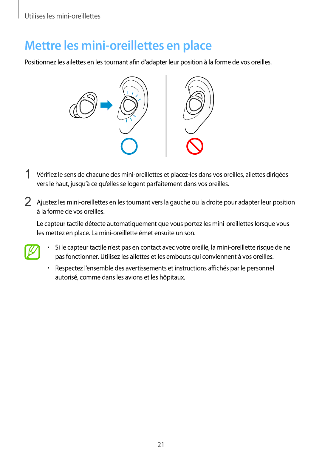 Samsung SM-R140NZAAXEF, SM-R140NZIAXEF, SM-R140NZKAXEF manual Mettre les mini-oreillettes en place 