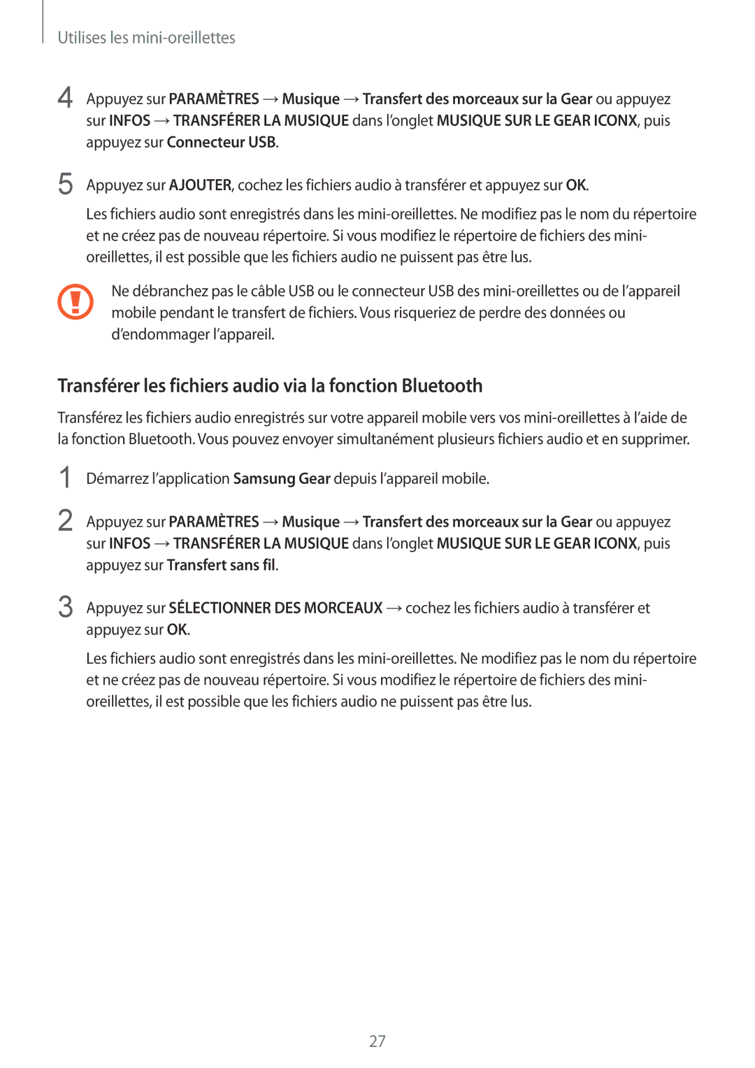 Samsung SM-R140NZAAXEF, SM-R140NZIAXEF, SM-R140NZKAXEF manual Transférer les fichiers audio via la fonction Bluetooth 