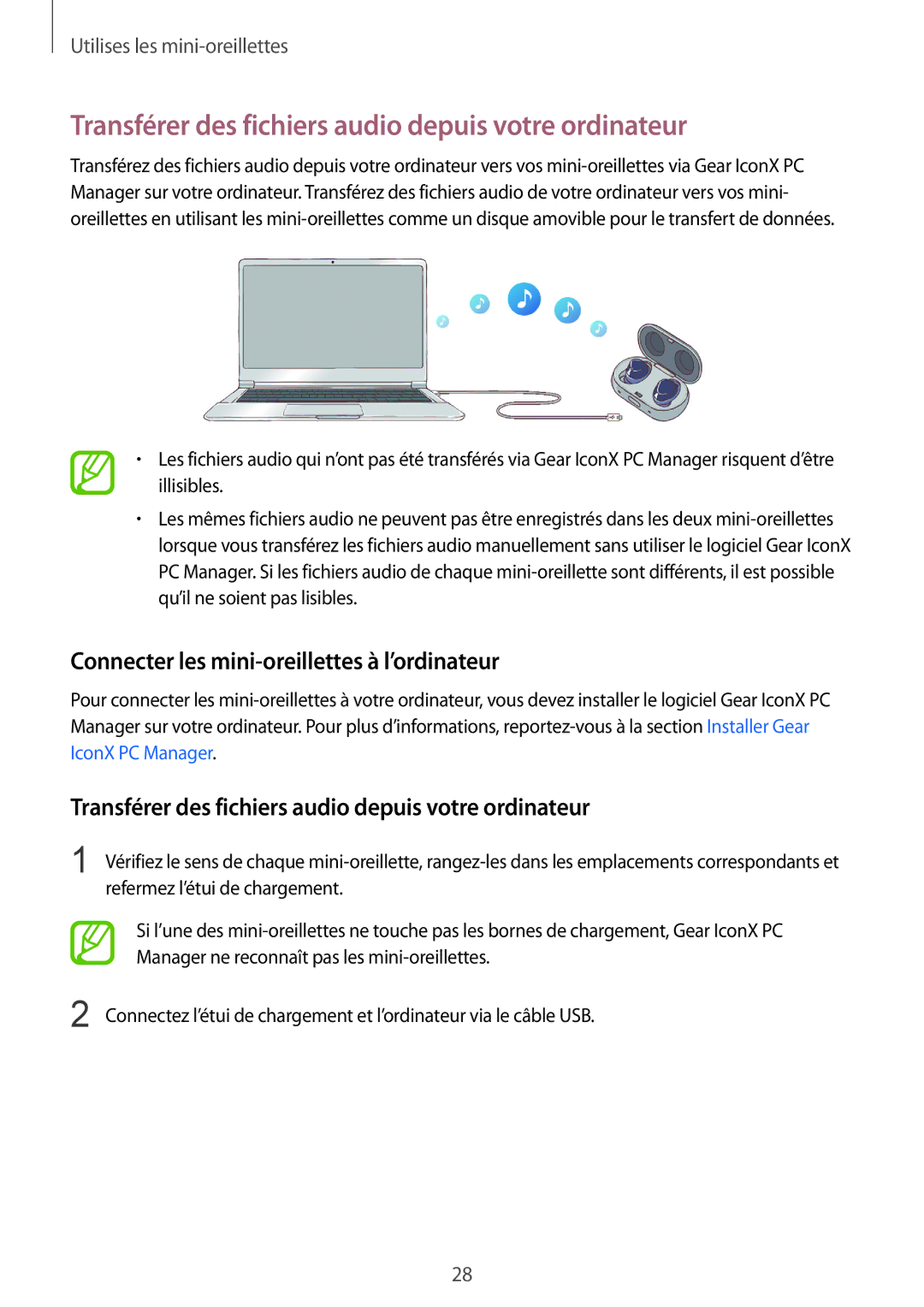 Samsung SM-R140NZIAXEF, SM-R140NZAAXEF, SM-R140NZKAXEF manual Transférer des fichiers audio depuis votre ordinateur 