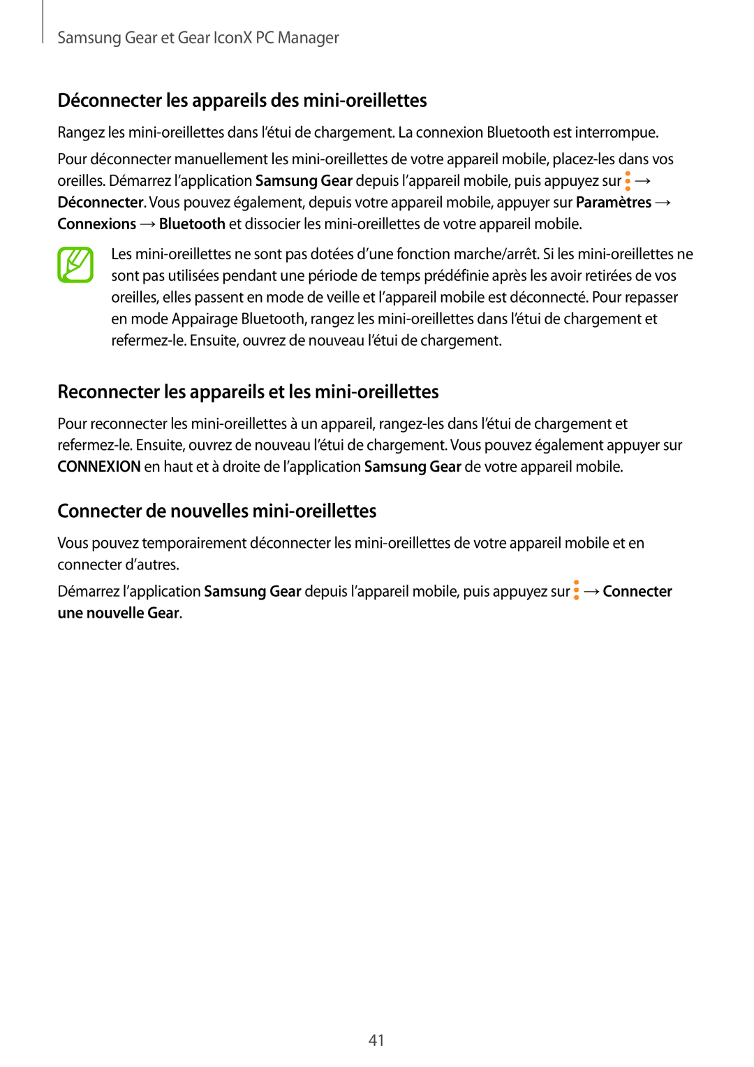Samsung SM-R140NZKAXEF Déconnecter les appareils des mini-oreillettes, Reconnecter les appareils et les mini-oreillettes 