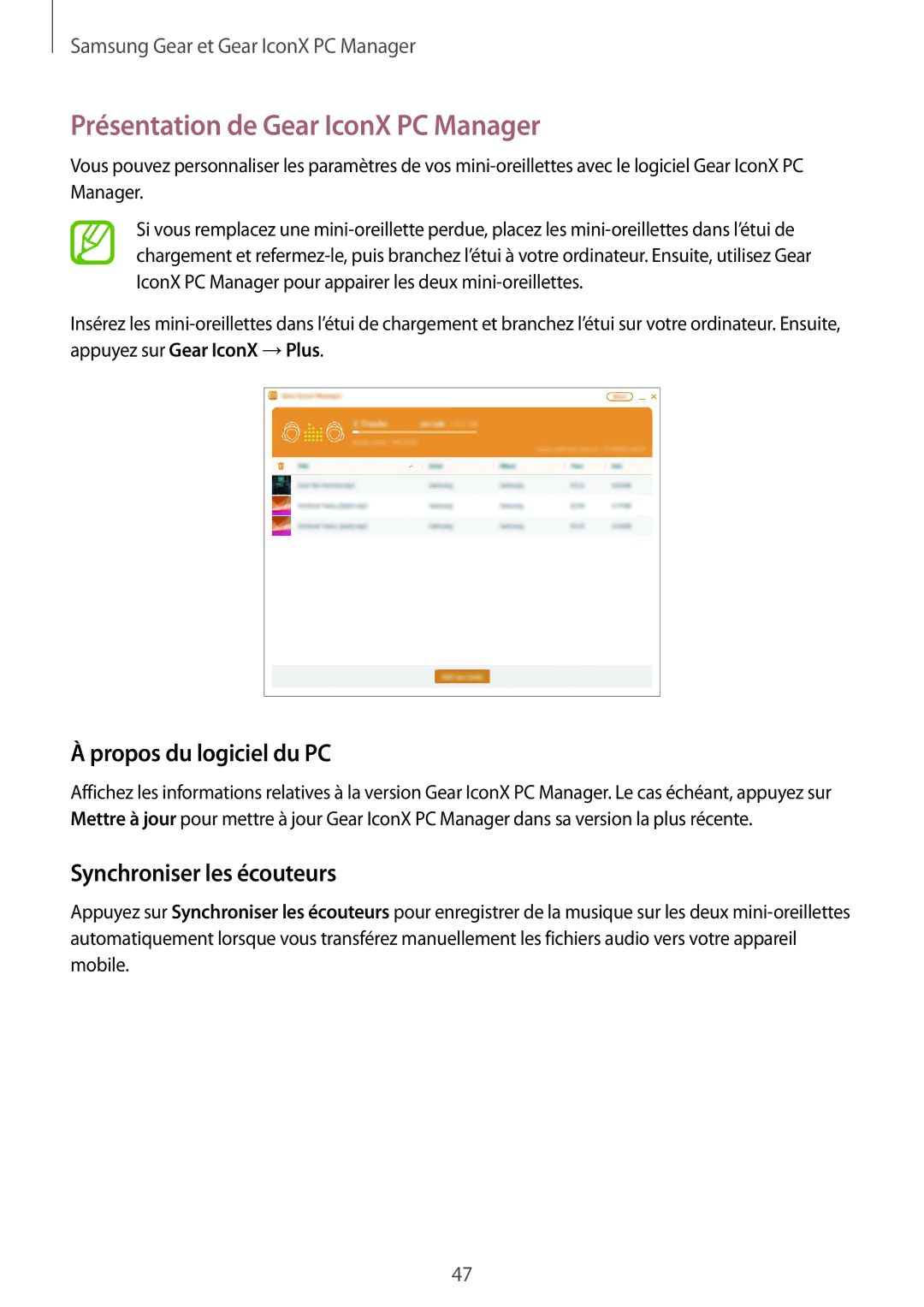 Samsung SM-R140NZKAXEF manual Présentation de Gear IconX PC Manager, Propos du logiciel du PC, Synchroniser les écouteurs 