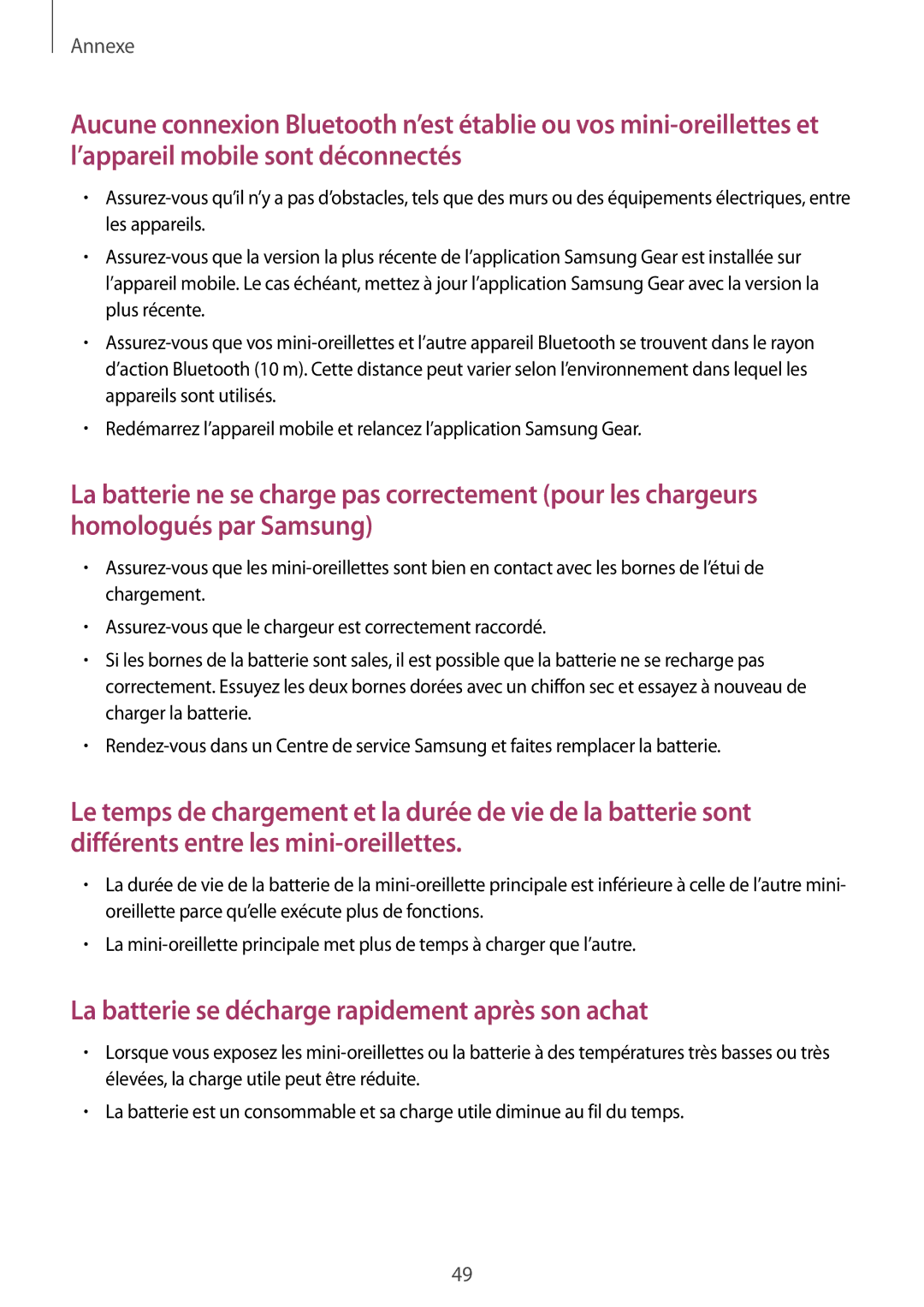 Samsung SM-R140NZIAXEF, SM-R140NZAAXEF, SM-R140NZKAXEF manual La batterie se décharge rapidement après son achat 