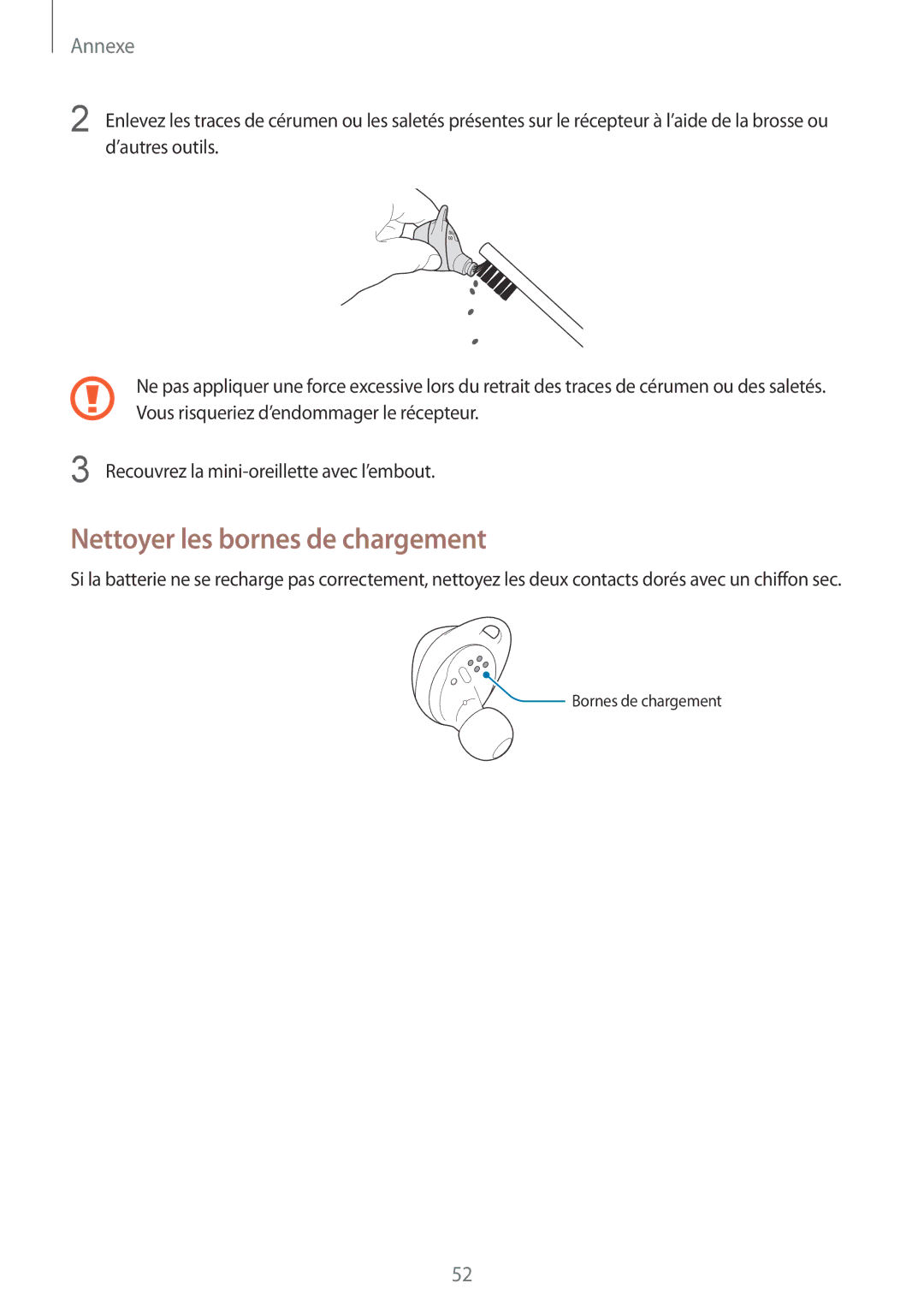 Samsung SM-R140NZIAXEF, SM-R140NZAAXEF, SM-R140NZKAXEF manual Nettoyer les bornes de chargement 