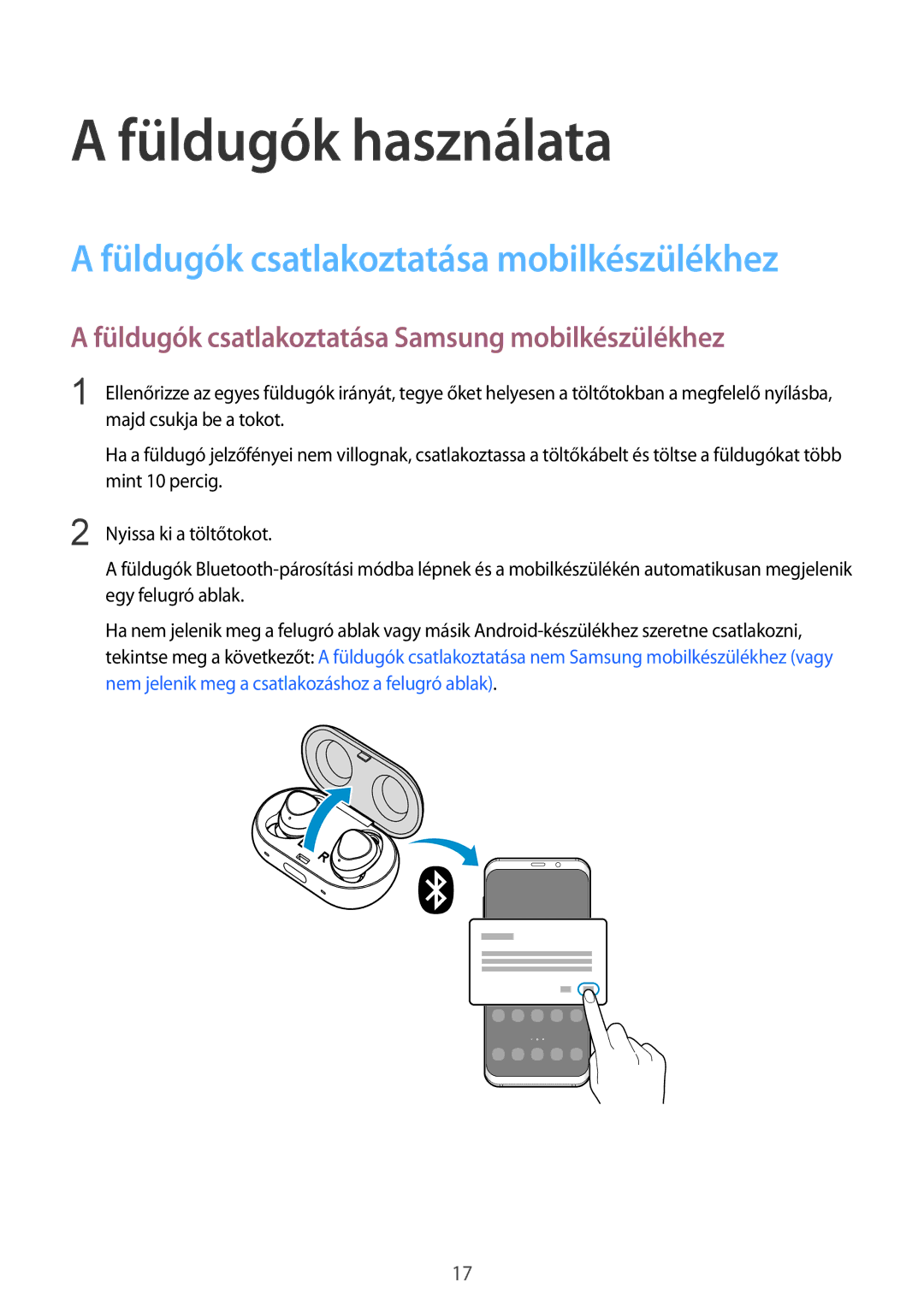 Samsung SM-R140NZKAXEH manual Füldugók csatlakoztatása mobilkészülékhez, Füldugók csatlakoztatása Samsung mobilkészülékhez 