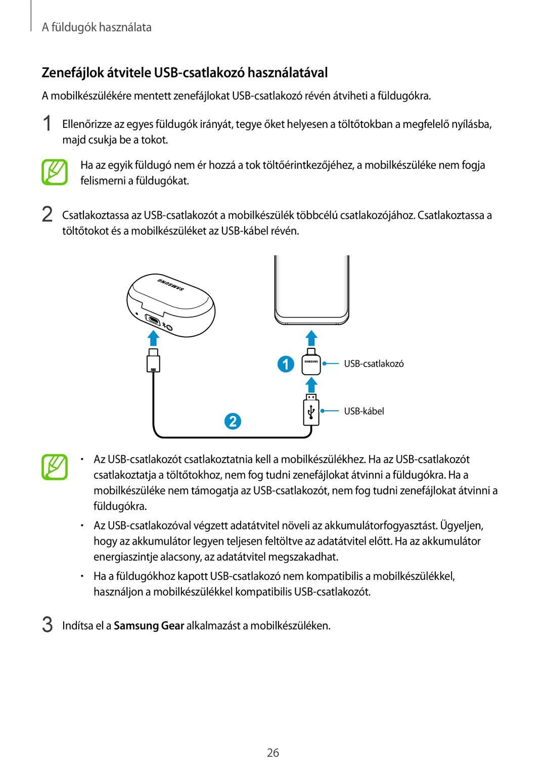 Samsung SM-R140NZKAXEH, SM-R140NZAAXEH, SM-R140NZIAXEH manual Zenefájlok átvitele USB-csatlakozó használatával 