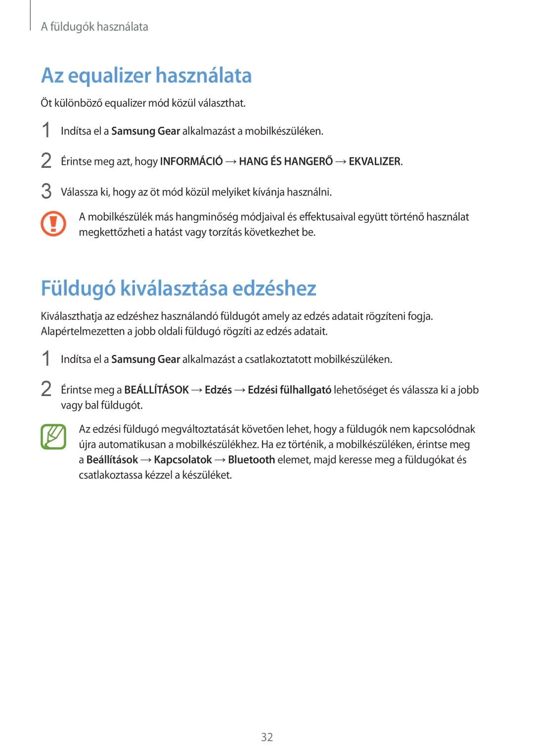 Samsung SM-R140NZKAXEH, SM-R140NZAAXEH, SM-R140NZIAXEH manual Az equalizer használata, Füldugó kiválasztása edzéshez 