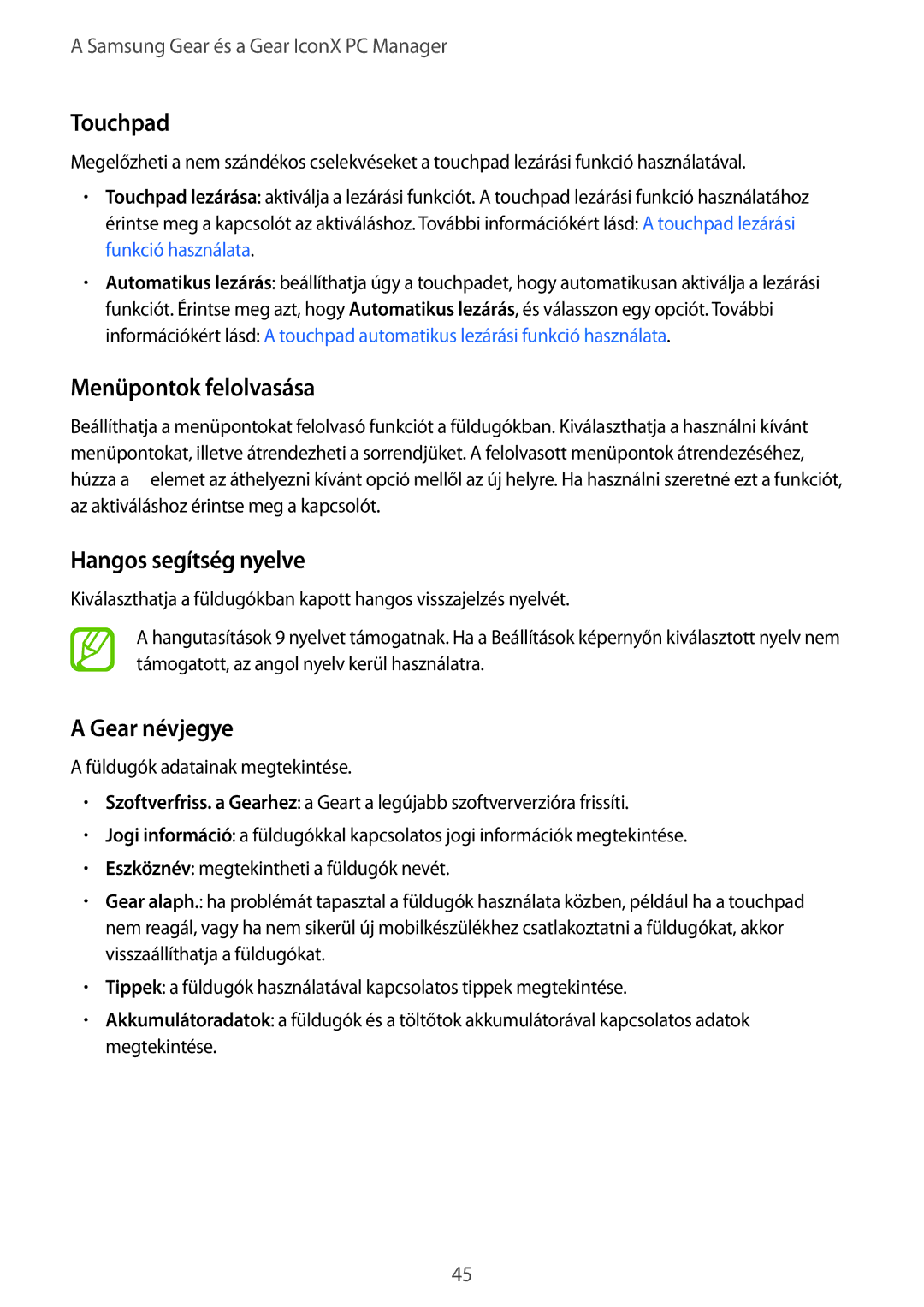 Samsung SM-R140NZAAXEH, SM-R140NZIAXEH manual Touchpad, Menüpontok felolvasása, Hangos segítség nyelve, Gear névjegye 