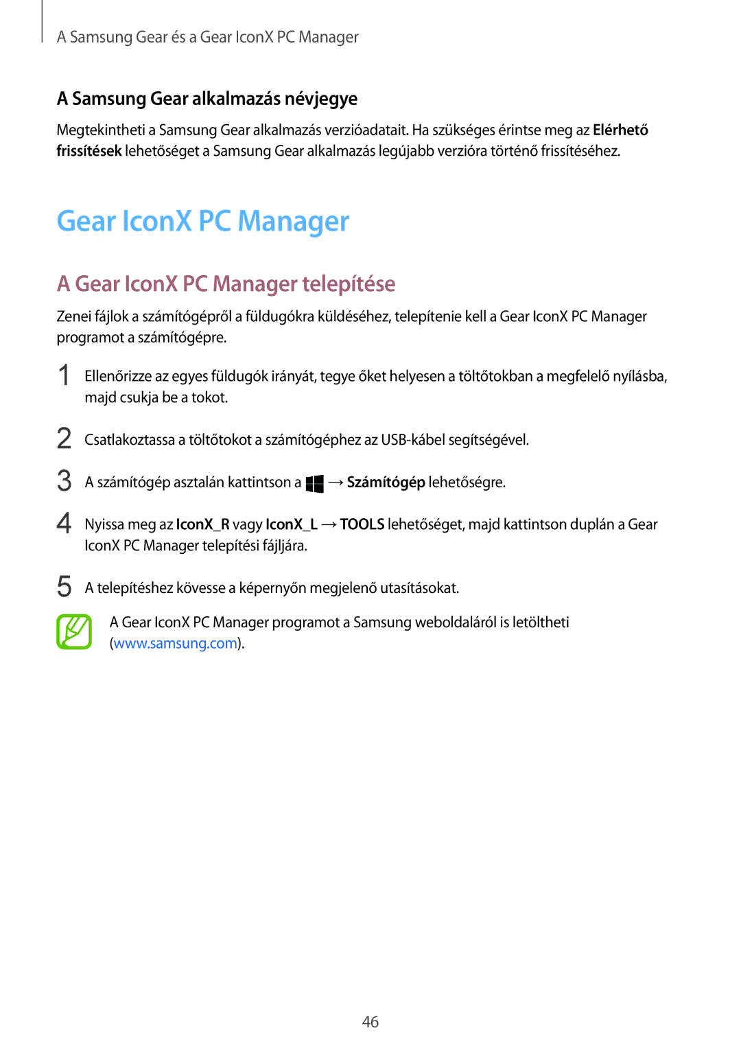 Samsung SM-R140NZIAXEH, SM-R140NZAAXEH manual Gear IconX PC Manager telepítése, Samsung Gear alkalmazás névjegye 