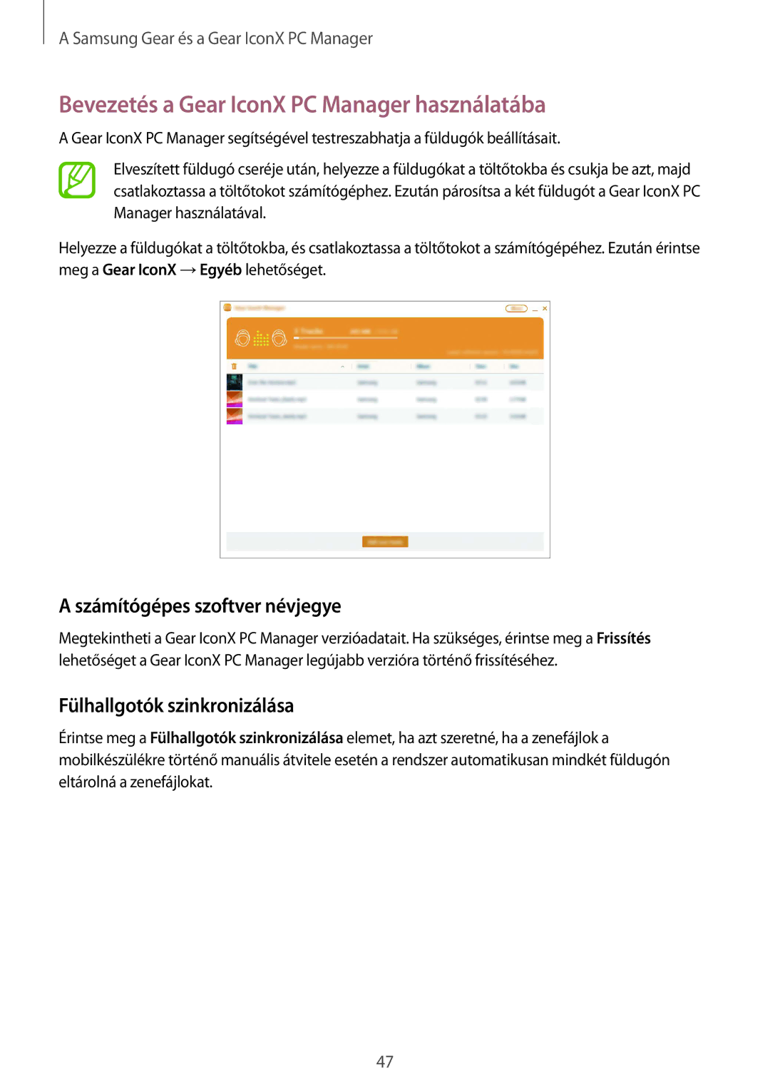 Samsung SM-R140NZKAXEH, SM-R140NZAAXEH manual Bevezetés a Gear IconX PC Manager használatába, Számítógépes szoftver névjegye 