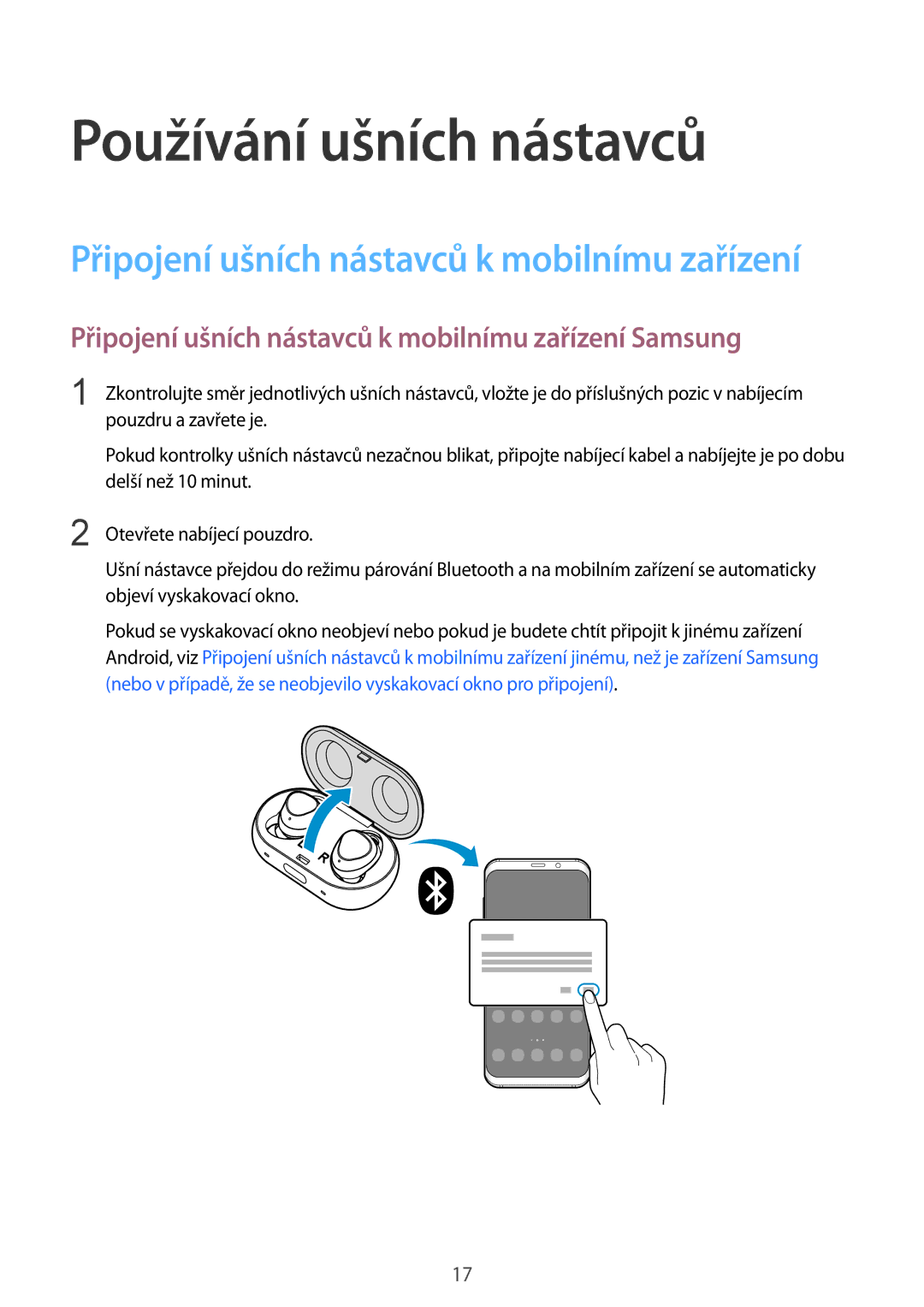 Samsung SM-R140NZIAXEZ, SM-R140NZAAXEZ Používání ušních nástavců, Připojení ušních nástavců k mobilnímu zařízení Samsung 