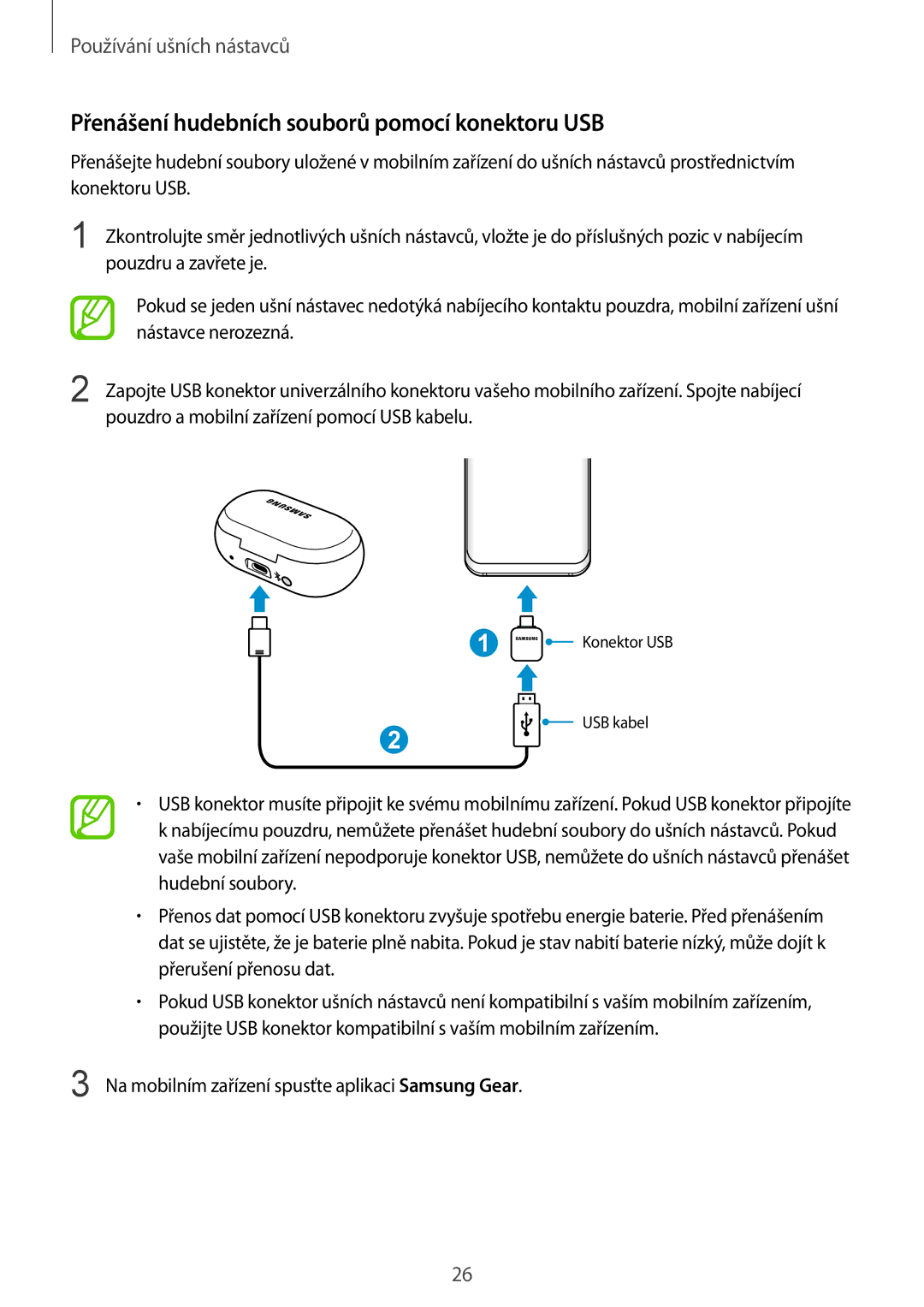 Samsung SM-R140NZIAXEZ, SM-R140NZAAXEZ, SM-R140NZKAXEZ manual Přenášení hudebních souborů pomocí konektoru USB 