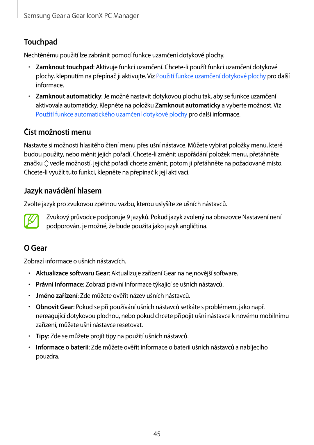 Samsung SM-R140NZAAXEZ, SM-R140NZKAXEZ, SM-R140NZIAXEZ manual Touchpad, Číst možnosti menu, Jazyk navádění hlasem, Gear 