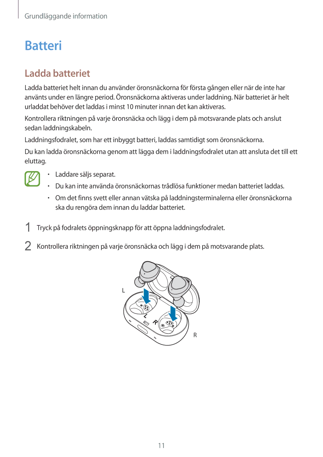 Samsung SM-R140NZKANEE, SM-R140NZIANEE manual Batteri, Ladda batteriet 