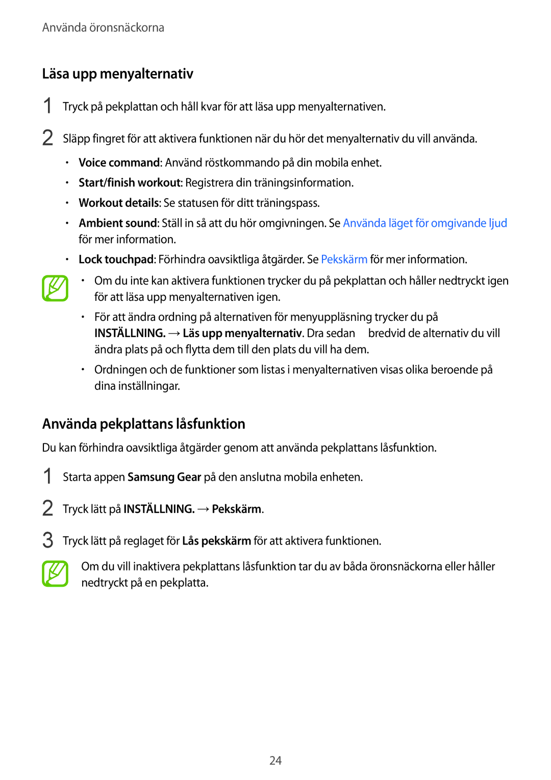 Samsung SM-R140NZIANEE, SM-R140NZKANEE manual Läsa upp menyalternativ, Använda pekplattans låsfunktion 