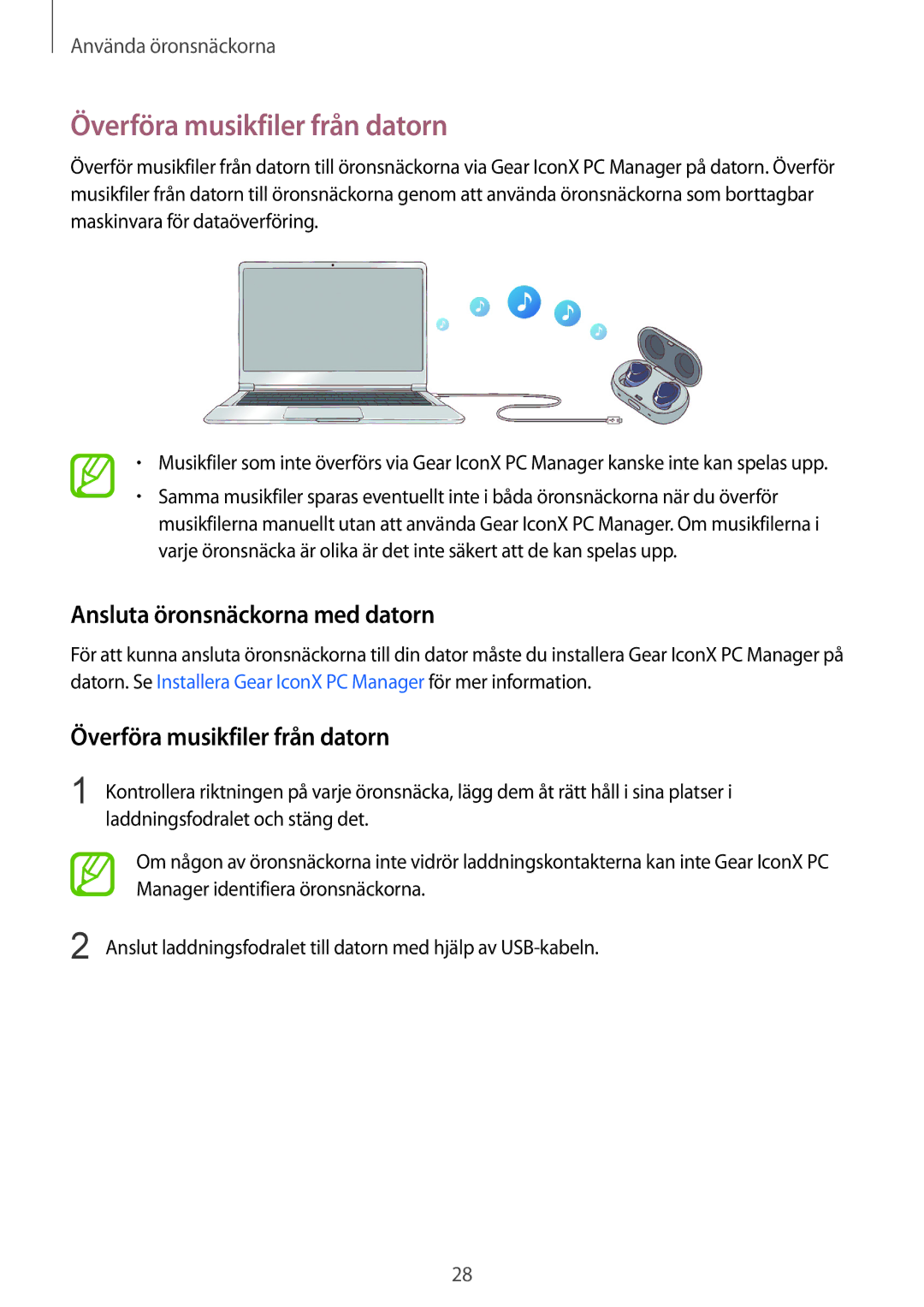 Samsung SM-R140NZIANEE, SM-R140NZKANEE manual Överföra musikfiler från datorn, Ansluta öronsnäckorna med datorn 