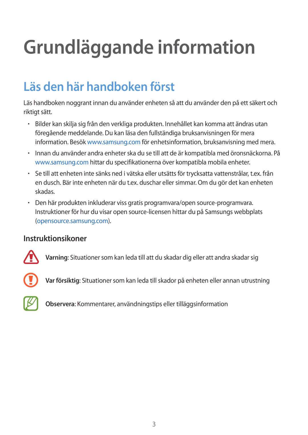 Samsung SM-R140NZKANEE, SM-R140NZIANEE manual Läs den här handboken först, Instruktionsikoner 