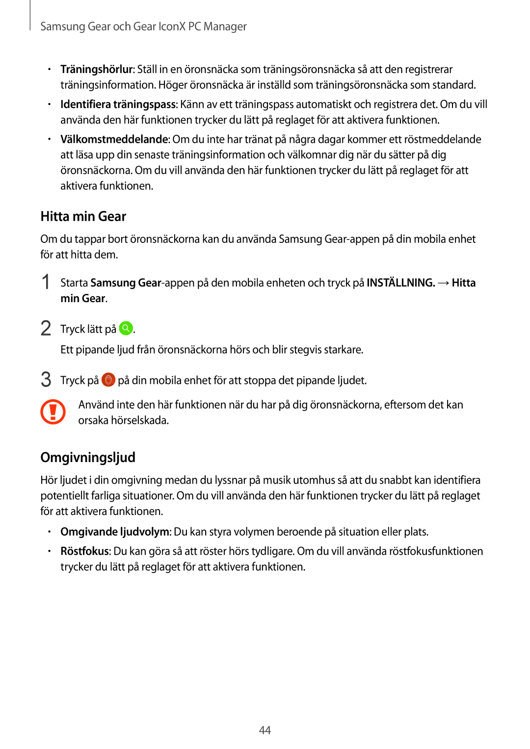 Samsung SM-R140NZIANEE, SM-R140NZKANEE manual Hitta min Gear, Omgivningsljud 