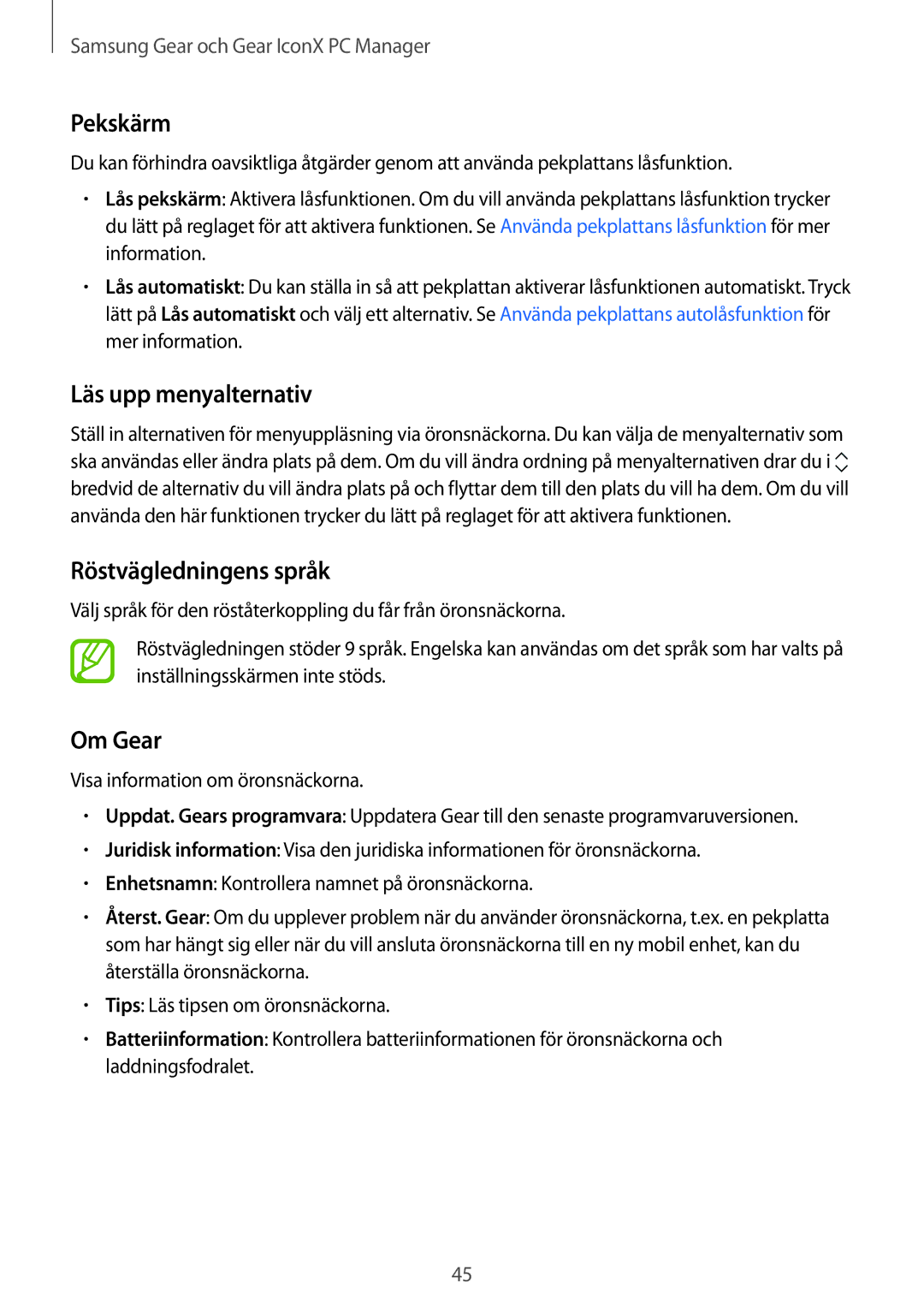 Samsung SM-R140NZKANEE, SM-R140NZIANEE manual Pekskärm, Läs upp menyalternativ, Röstvägledningens språk, Om Gear 
