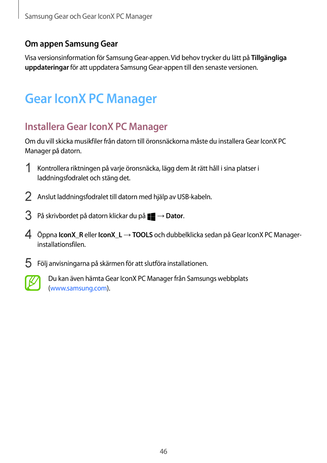 Samsung SM-R140NZIANEE, SM-R140NZKANEE manual Installera Gear IconX PC Manager, Om appen Samsung Gear 