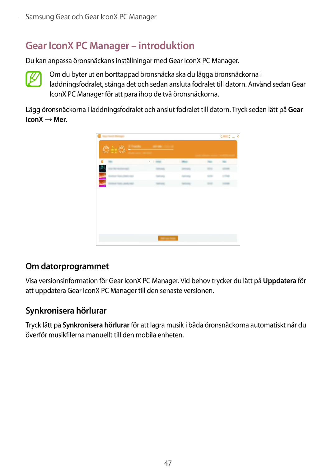 Samsung SM-R140NZKANEE, SM-R140NZIANEE manual Gear IconX PC Manager introduktion, Om datorprogrammet, Synkronisera hörlurar 