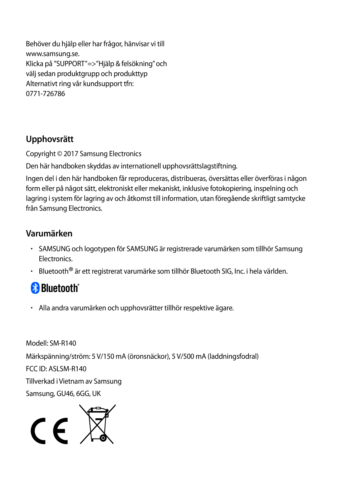 Samsung SM-R140NZIANEE, SM-R140NZKANEE manual Upphovsrätt, Varumärken 