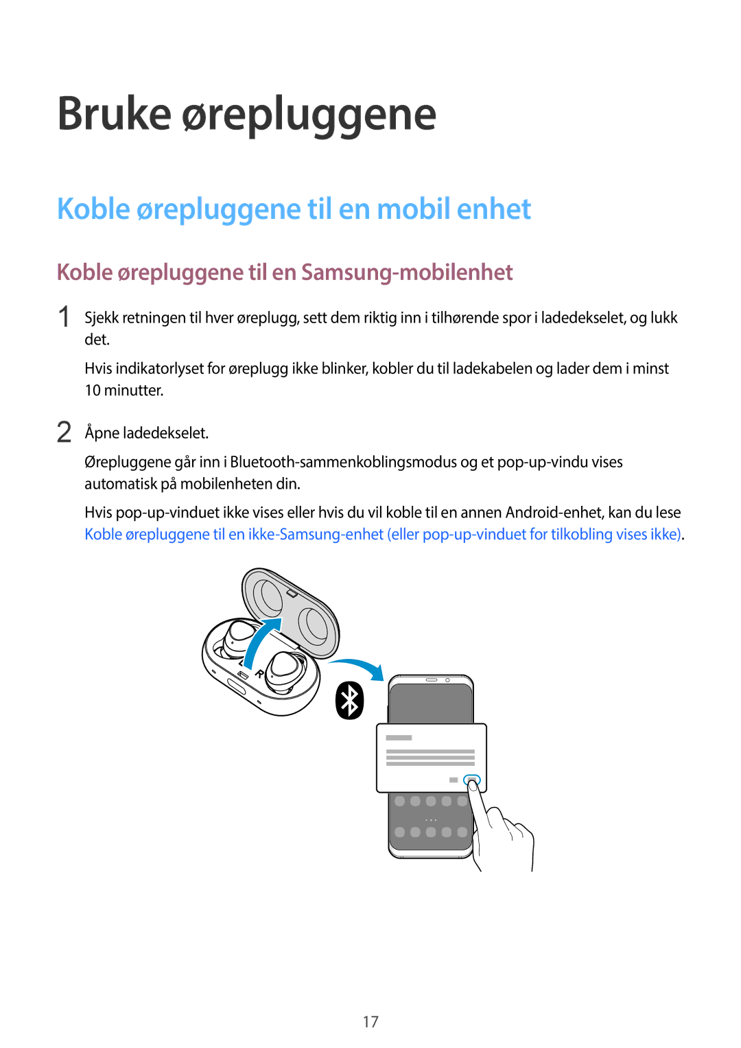 Samsung SM-R140NZKANEE, SM-R140NZIANEE Koble ørepluggene til en mobil enhet, Koble ørepluggene til en Samsung-mobilenhet 