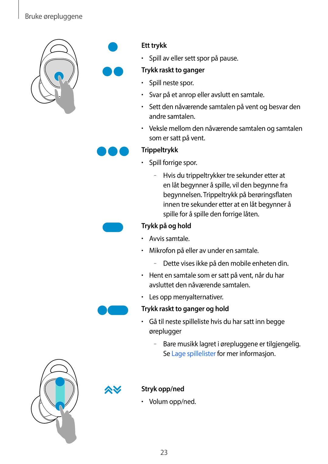 Samsung SM-R140NZKANEE manual Ett trykk, Trippeltrykk, Trykk på og hold, Trykk raskt to ganger og hold, Stryk opp/ned 