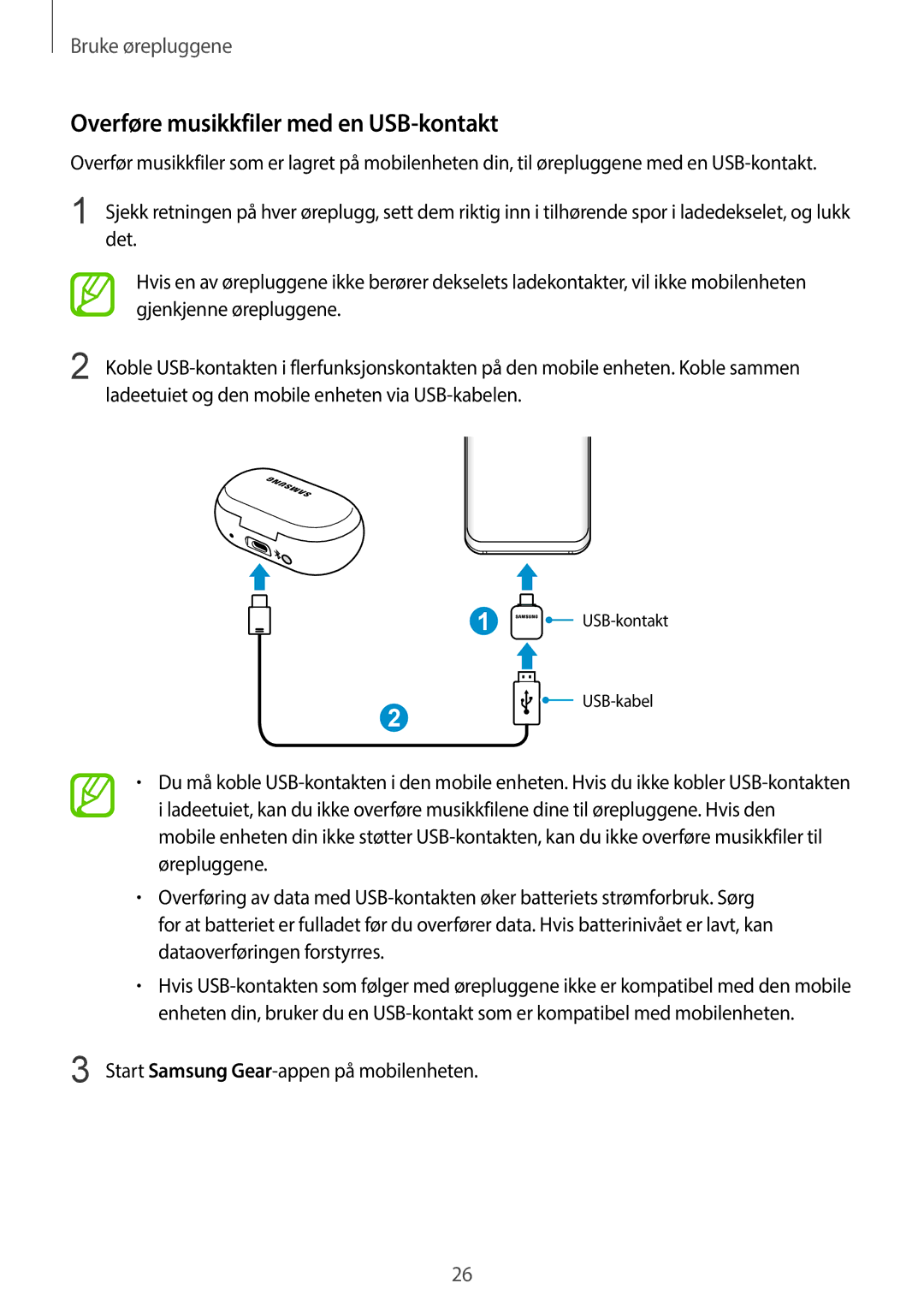 Samsung SM-R140NZIANEE, SM-R140NZKANEE manual Overføre musikkfiler med en USB-kontakt 