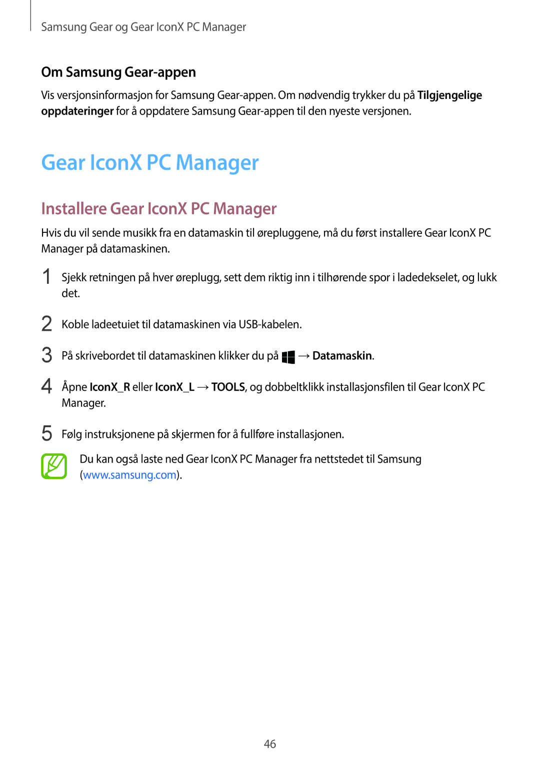 Samsung SM-R140NZIANEE, SM-R140NZKANEE manual Installere Gear IconX PC Manager, Om Samsung Gear-appen 